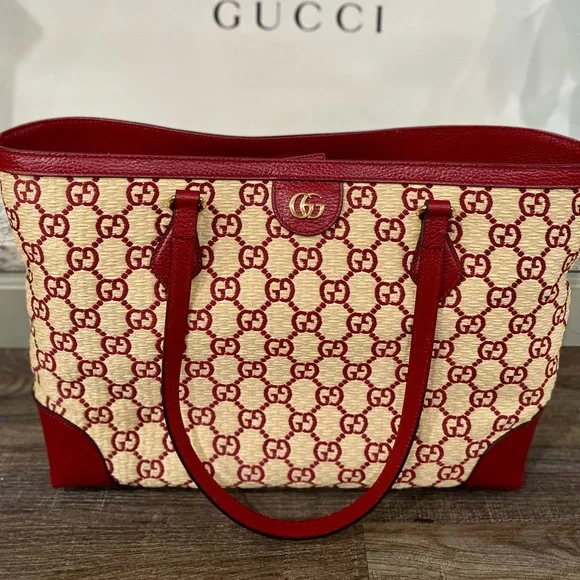 ⭐️SOLD ⭐️New Red Gucci GG Raffia Medium Ophidia Tote - Picture 7 of 11